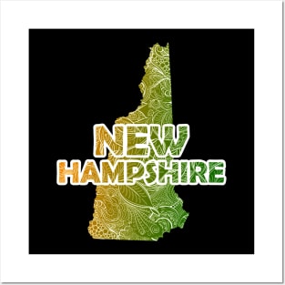 Colorful mandala art map of New Hampshire with text in green and orange Posters and Art